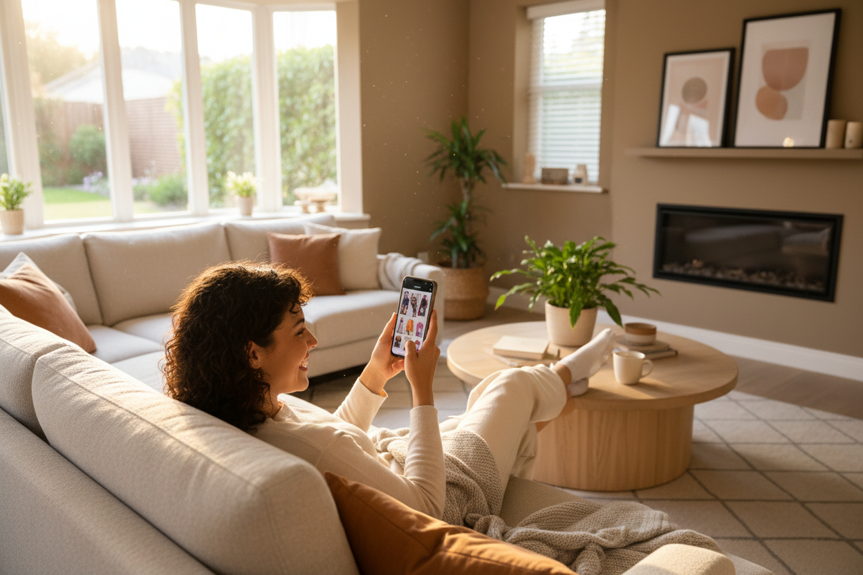 Gere uma imagem de algume sentado no sofá feliz, olhando para o celular fazendo compra online 